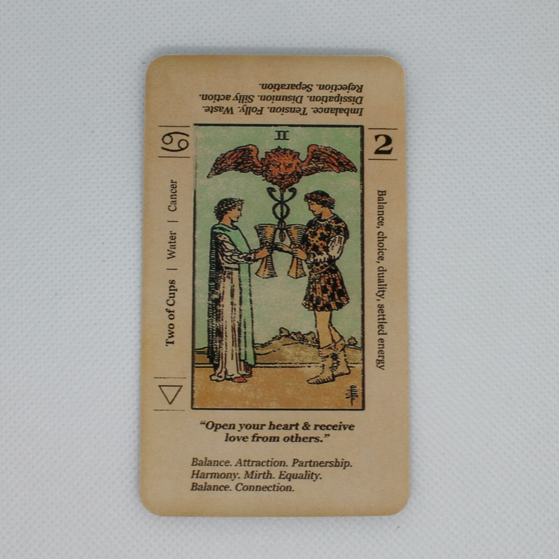 Zdjęcie przedstawia kartę "Two of Cups" (Dwa Puchary) z talii tarota "Meaning Tarot". Karta ma klasyczną ilustrację i dodatkowe słowa kluczowe dotyczące jej znaczenia oraz relacji zodiakalnych.