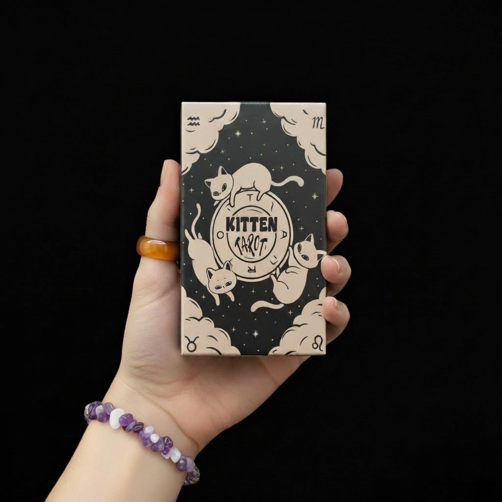 Dłoń trzymająca pudełko talii kart "Kitten Tarot" z czarnym tłem, białymi kotami i motywami niebiańskimi, osoba ma na nadgarstku bransoletę z fioletowych i białych kamieni.