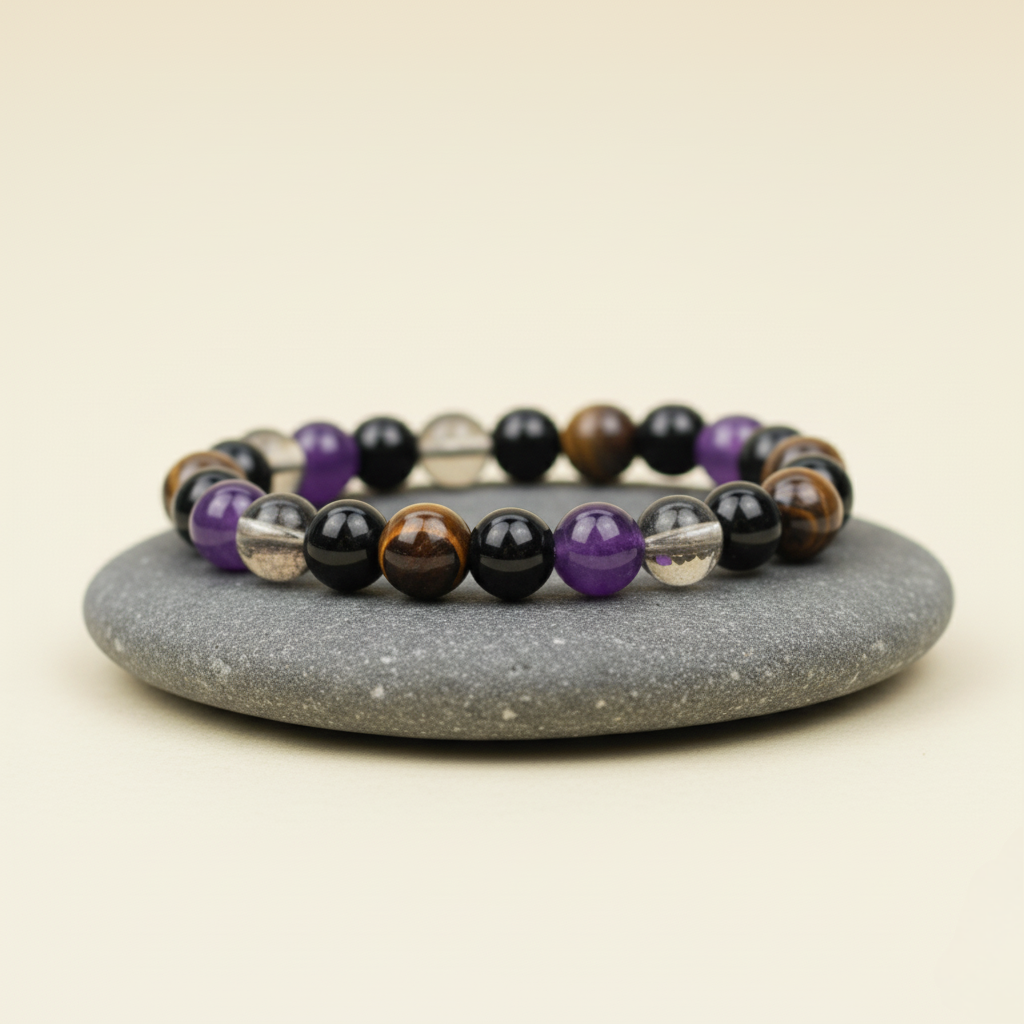 Bransoletka z okrągłych kamieni naturalnych w kolorach fioletowym, czarnym, brązowym i przezroczystym, ułożona na szarym kamieniu na beżowym tle.
