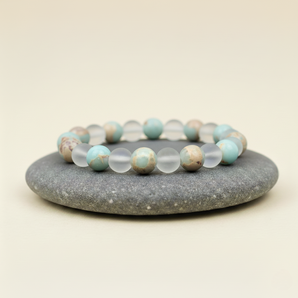 Bransoletka z okrągłych kamieni turkusowych i matowych przezroczystych, ułożona na szarym kamieniu na beżowym tle.