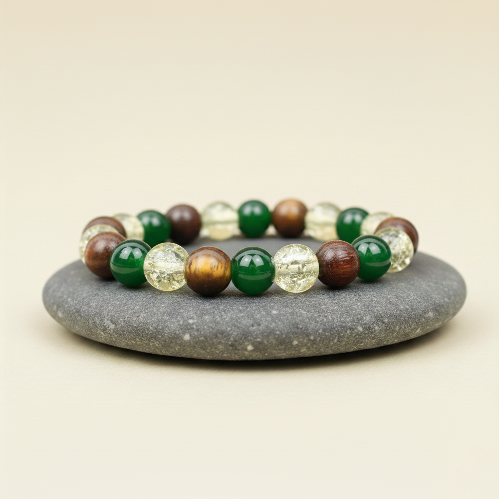 Bransoletka z okrągłych kamieni w kolorach zielonym, brązowym i przezroczystym, ułożona na szarym kamieniu na beżowym tle.