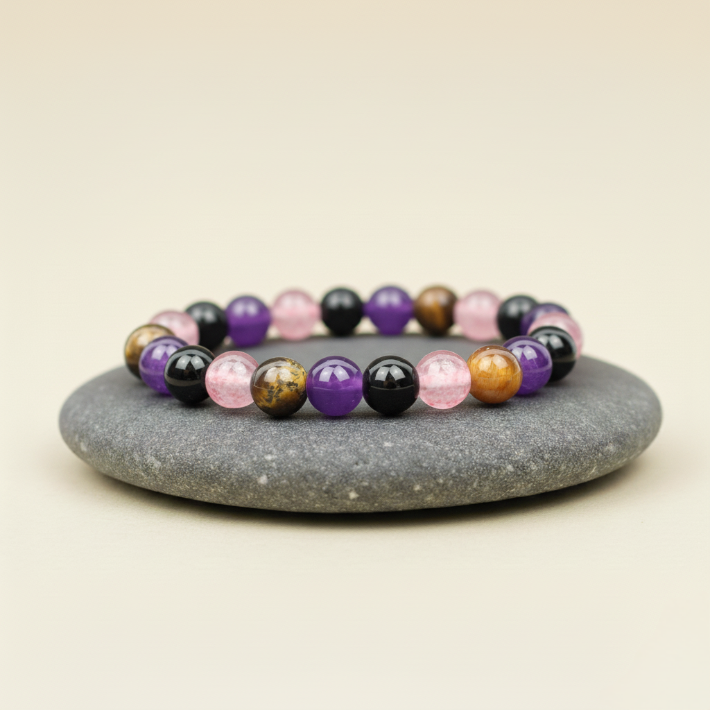 Bransoletka z okrągłych kamieni w kolorach fioletowym, różowym, czarnym i brązowym, ułożona na szarym kamieniu na beżowym tle.