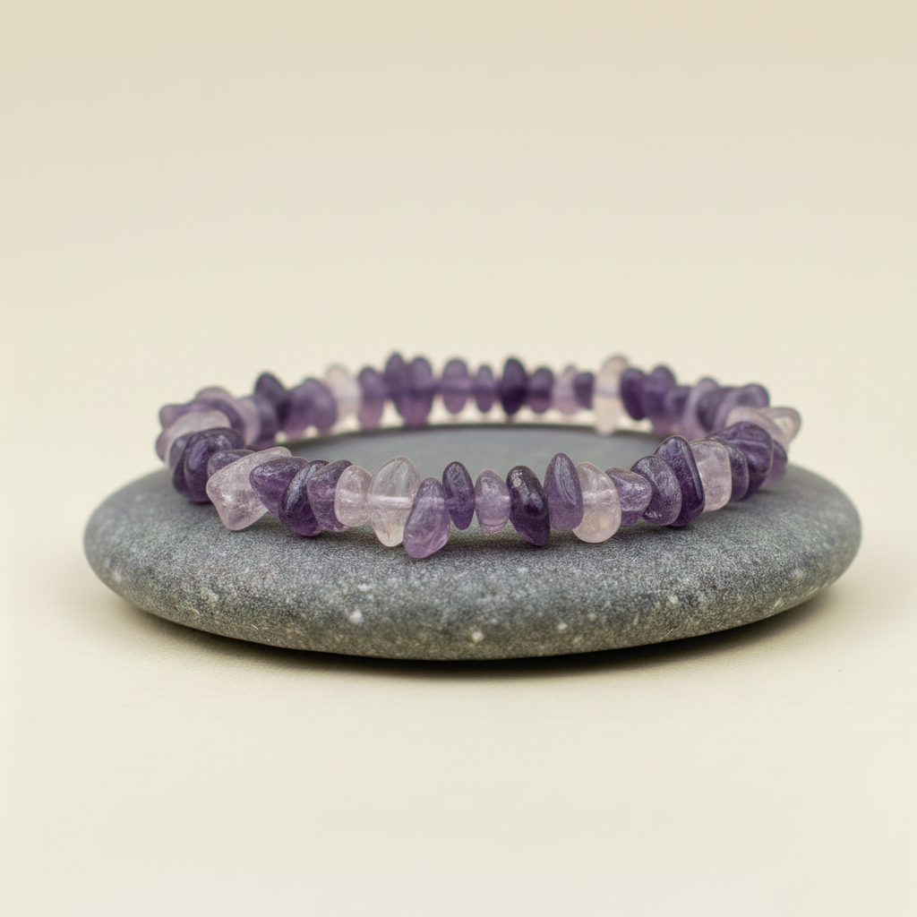 Bransoletka z nieregularnych kamieni w odcieniach fioletu, ułożona na szarym kamieniu na beżowym tle.