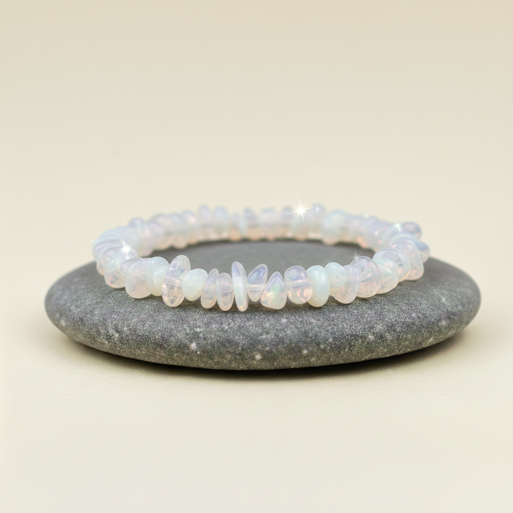 Bransoletka z nieregularnych przezroczystych kamieni o tęczowym połysku, ułożona na szarym kamieniu na beżowym tle.