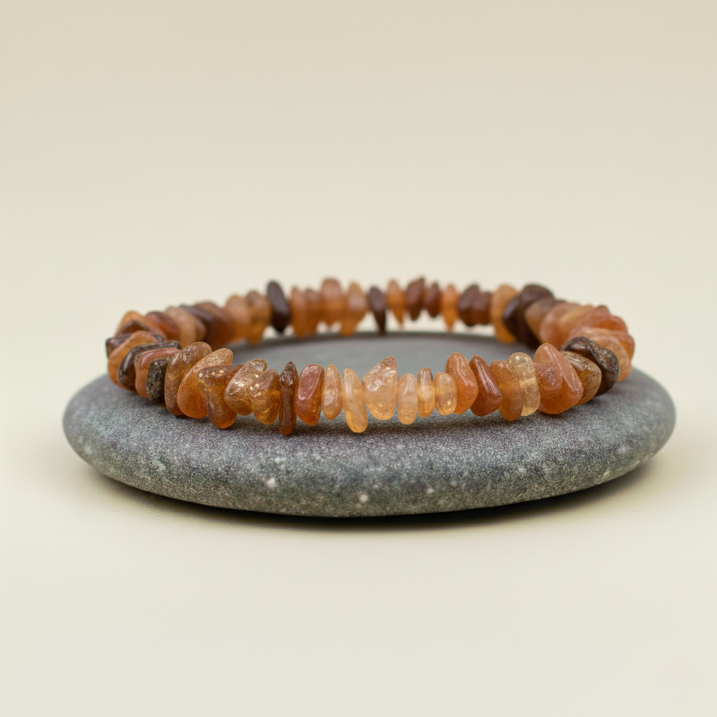 Bransoletka z nieregularnych kamieni w bursztynowym i pomarańczowym kolorze, ułożona na szarym kamieniu na beżowym tle.