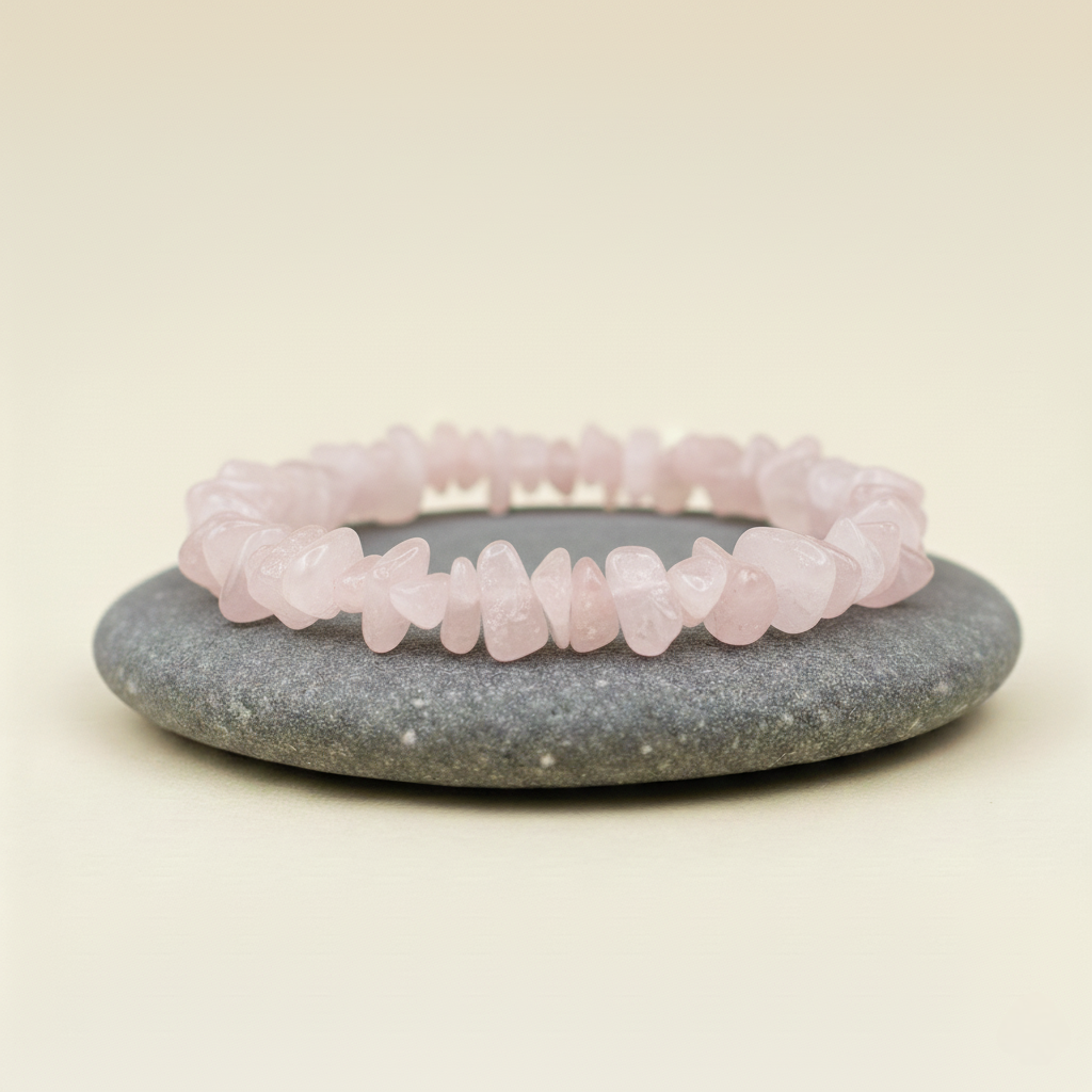 Bransoletka z nieregularnych kamieni w jasnoróżowym kolorze, ułożona na szarym kamieniu na beżowym tle.
