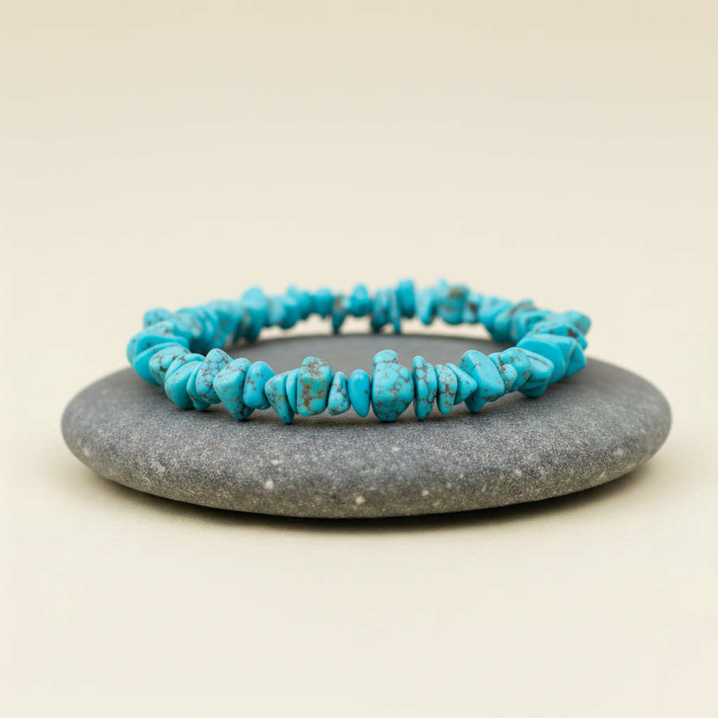 Bransoletka z nieregularnych kamieni turkusowych, ułożona na szarym kamieniu na beżowym tle.