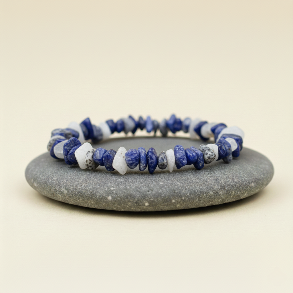 Bransoletka z nieregularnych kamieni w niebieskim kolorze z białymi wstawkami, ułożona na szarym kamieniu na beżowym tle.