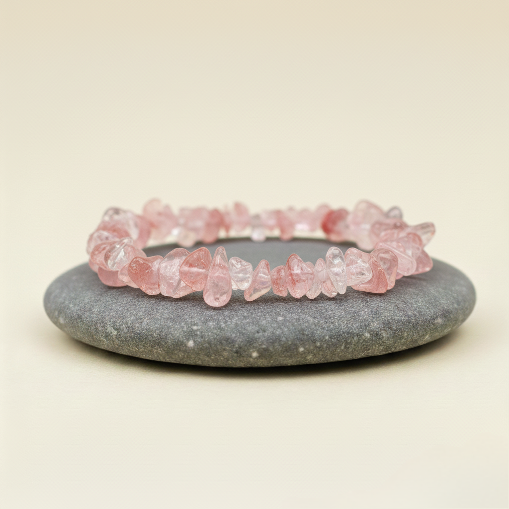 Bransoletka z nieregularnych przezroczystych kamieni w różowym kolorze, ułożona na szarym kamieniu na beżowym tle.