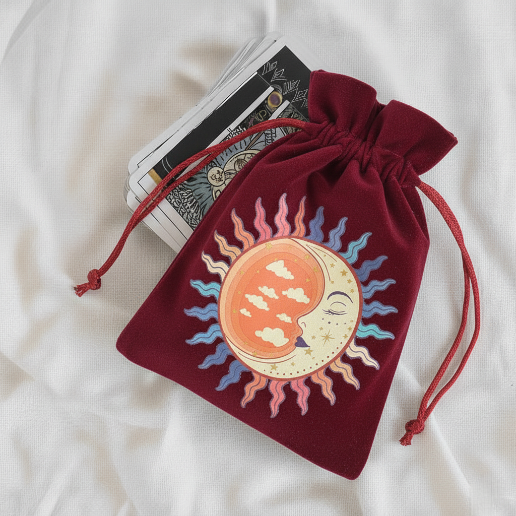 Bordowy welurowy woreczek ze sznurkiem z kolorowym haftem przedstawiającym słońce i księżyc z twarzą, z kartami tarota wystającymi z góry na białym tle.