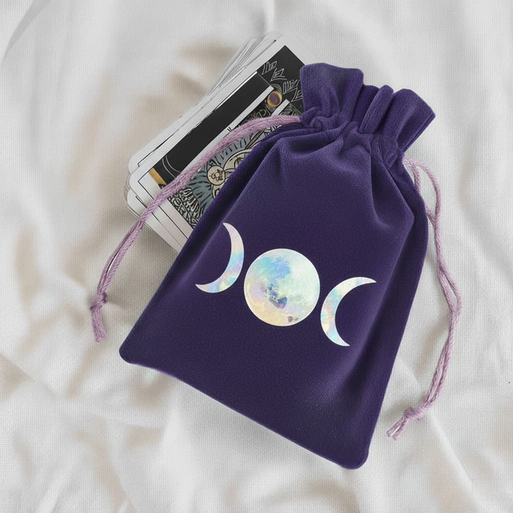 Fioletowy welurowy woreczek ze sznurkiem z holograficznym symbolem potrójnej księżycowej bogini i kartami tarota wystającymi z góry na białym tle.