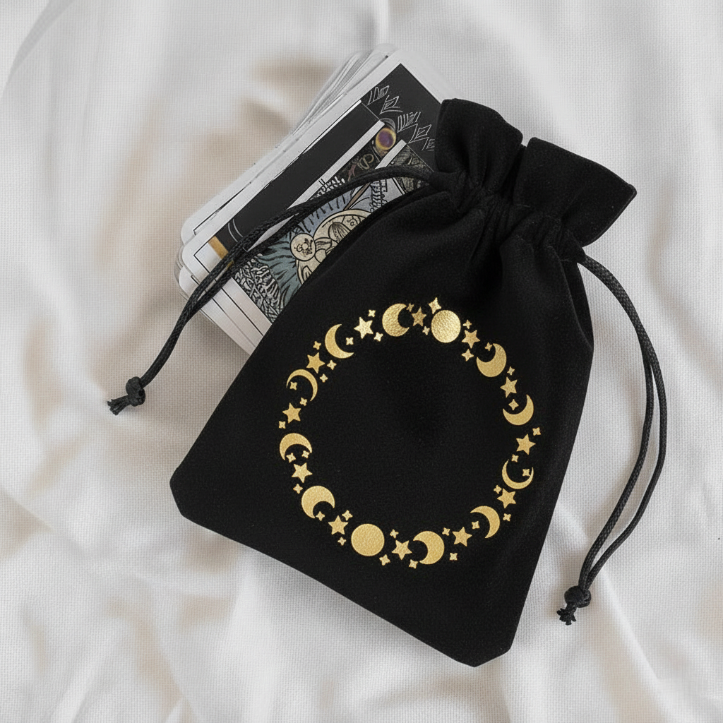 Czarny welurowy woreczek ze sznurkiem ze złotym haftowanym okręgiem z fazami księżyca i gwiazdami, z kartami tarota wystającymi z góry na białym tle.