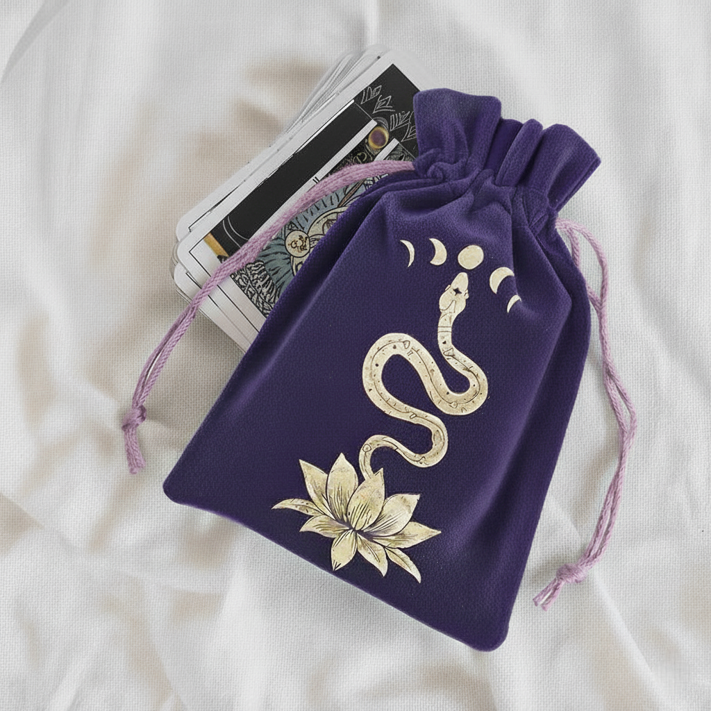 Fioletowy welurowy woreczek ze sznurkiem z haftowanym złoto-kremowym wzorem węża, faz księżyca i kwiatu lotosu, z wystającymi kartami tarota na białym tle.