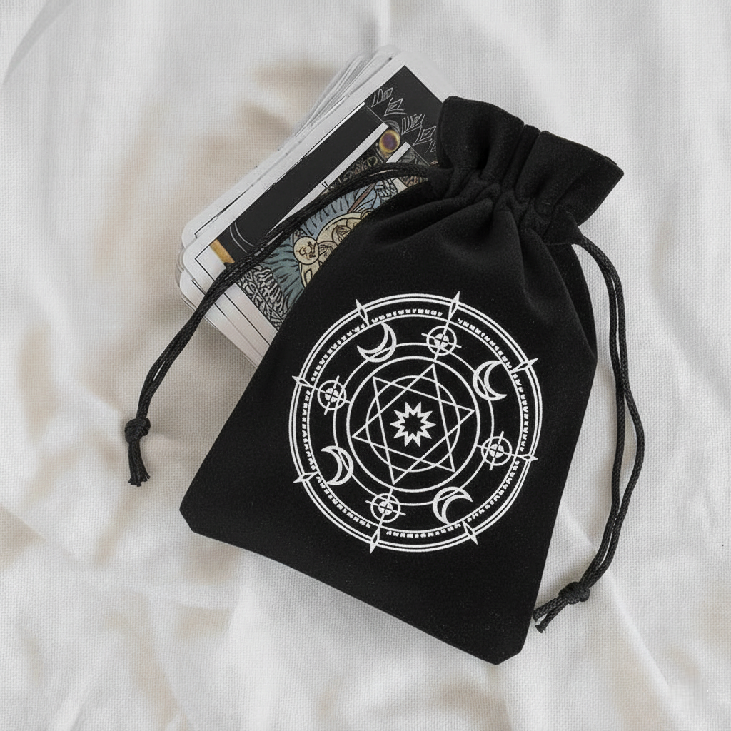 Czarny welurowy woreczek ze sznurkiem z białym geometrycznym wzorem mandali z księżycami i mistycznymi symbolami, z kartami tarota wystającymi z góry na białym tle.