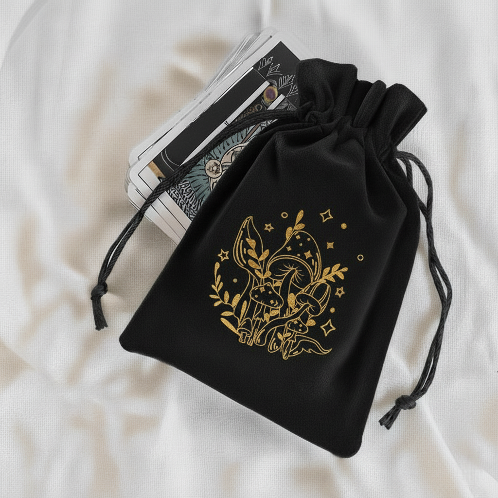 Czarny welurowy woreczek ze sznurkiem ze złotym haftowanym wzorem grzybów, roślin i mistycznych symboli, z kartami tarota wystającymi z góry na białym tle.