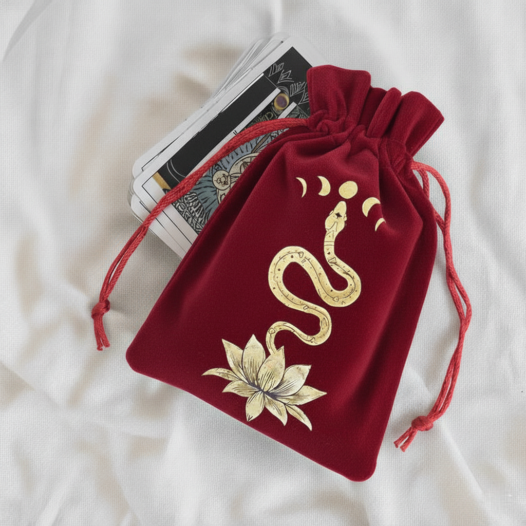 Bordowy welurowy woreczek ze sznurkiem z haftowanym złoto-kremowym wzorem węża, faz księżyca i kwiatu lotosu, z kartami tarota wystającymi z góry na białym tle.