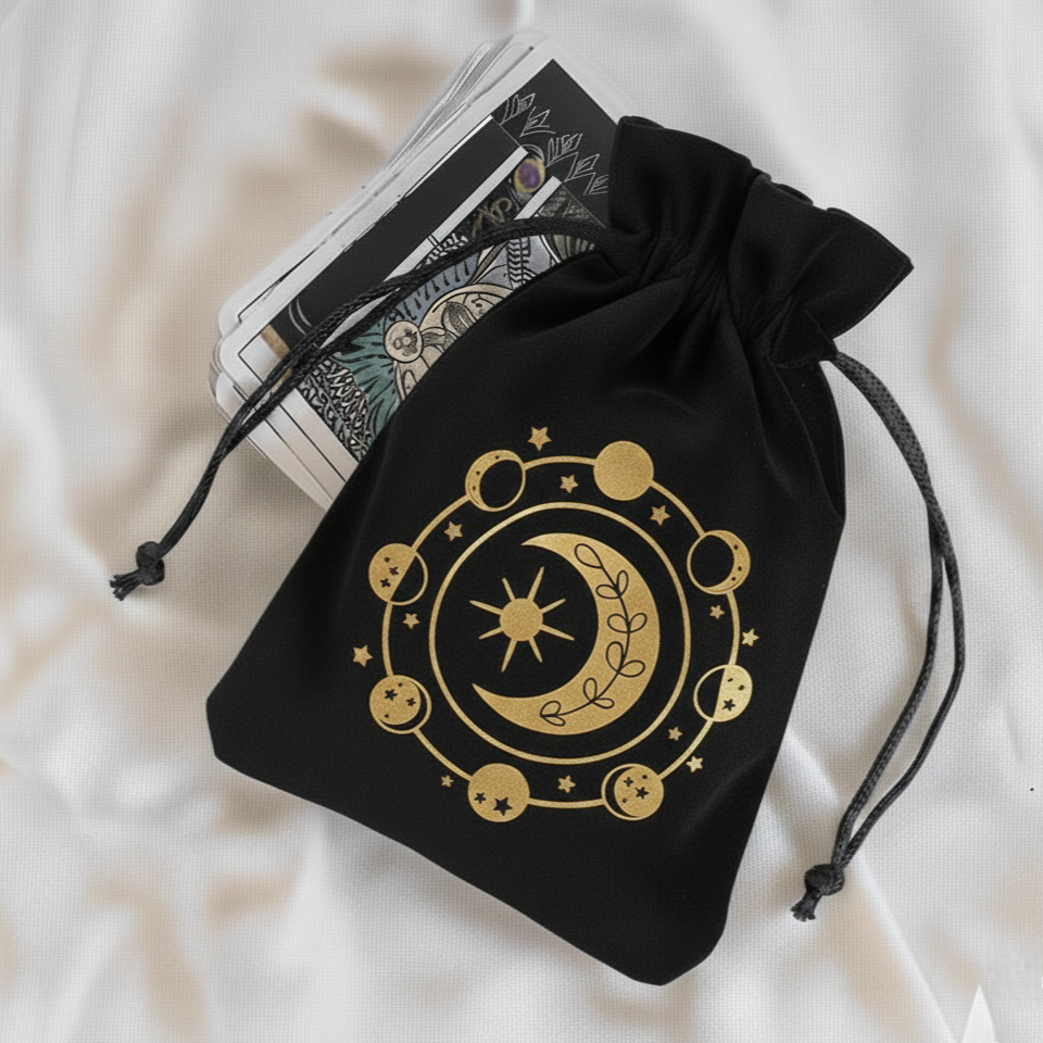 Czarny welurowy woreczek ze sznurkiem ze złotym haftowanym okrągłym wzorem przedstawiającym fazy księżyca, słońce i elementy botaniczne, z kartami tarota wystającymi z góry na białym tle.
