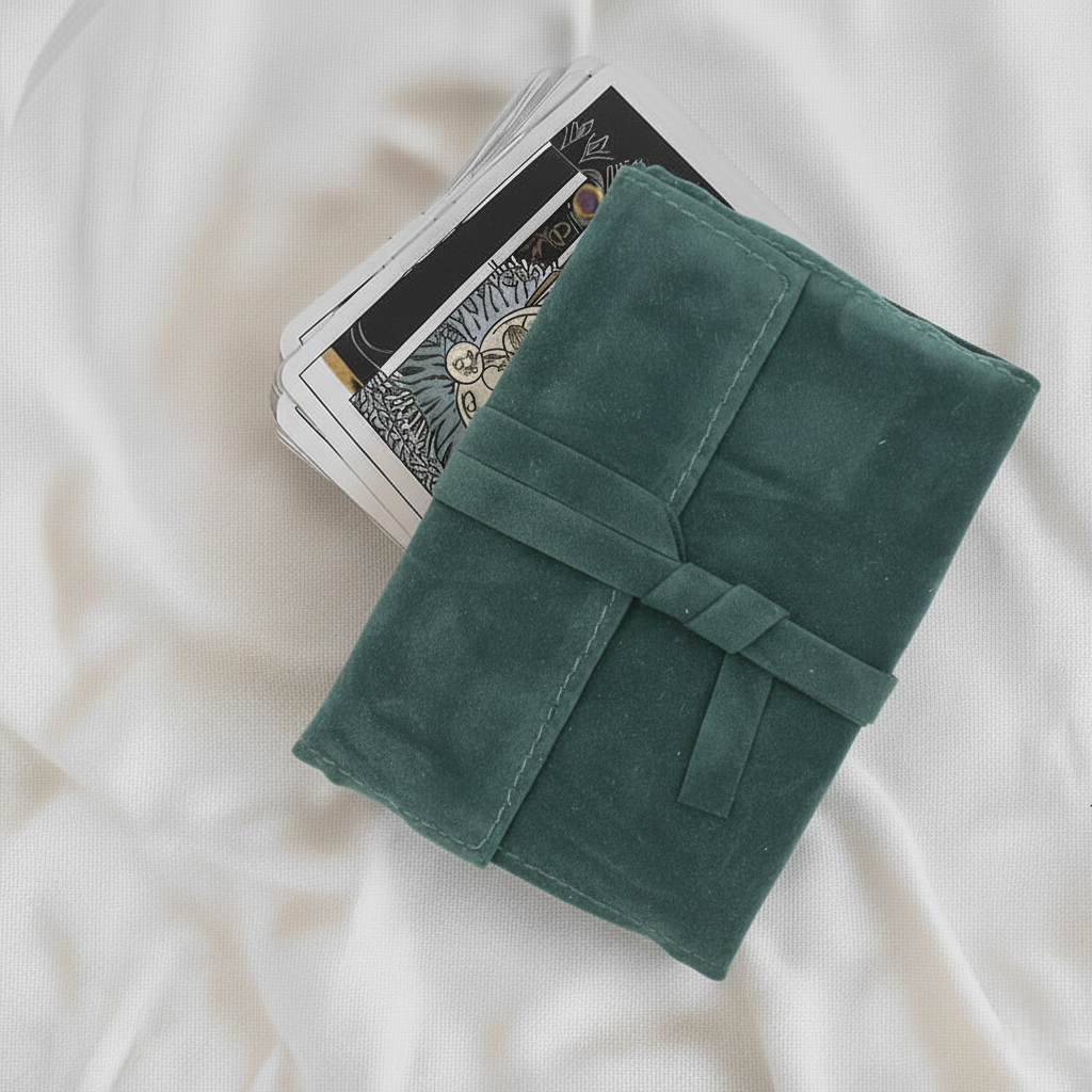 Morsko-zielone zamszowe/filcowe etui do zawijania kart tarota z wiązaniem na białym tle, z kartami tarota wystającymi z góry.
