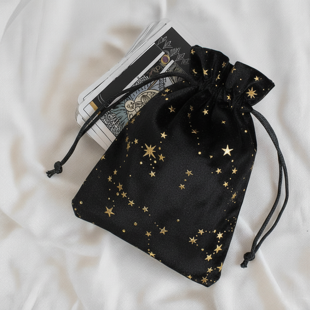 Czarny welurowy woreczek ze sznurkiem z rozrzuconymi złotymi gwiazdami różnej wielkości, z kartami tarota wystającymi z góry na białym tle.
