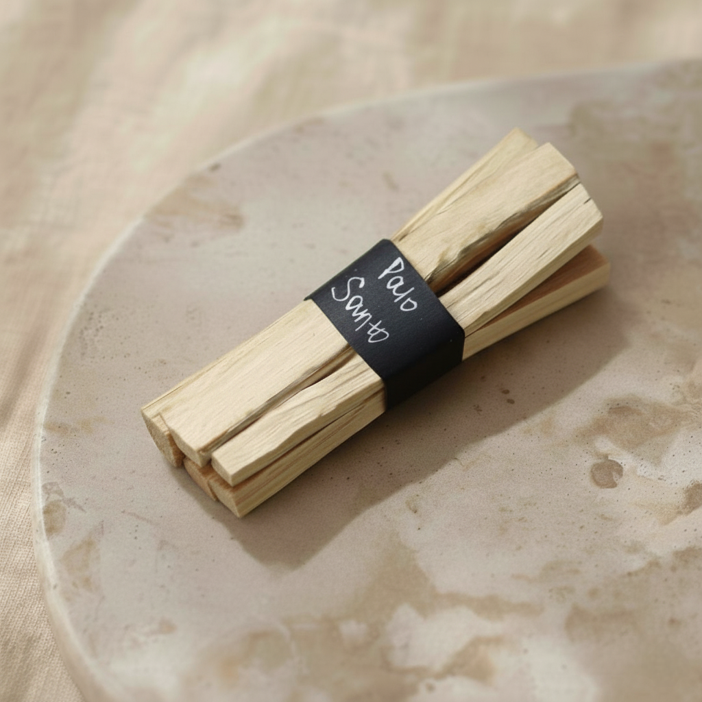 Pęczek drewna Palo Santo przewiązany czarną opaską z białym napisem "Palo Santo", ułożony na jasnej kamiennej lub ceramicznej płytce na beżowym tle