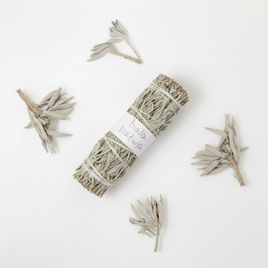 Pęczek białej szałwii przewiązany sznurkiem z etykietą "biała szałwia", otoczony luźnymi suszonymi liśćmi szałwii ułożonymi na białym tle