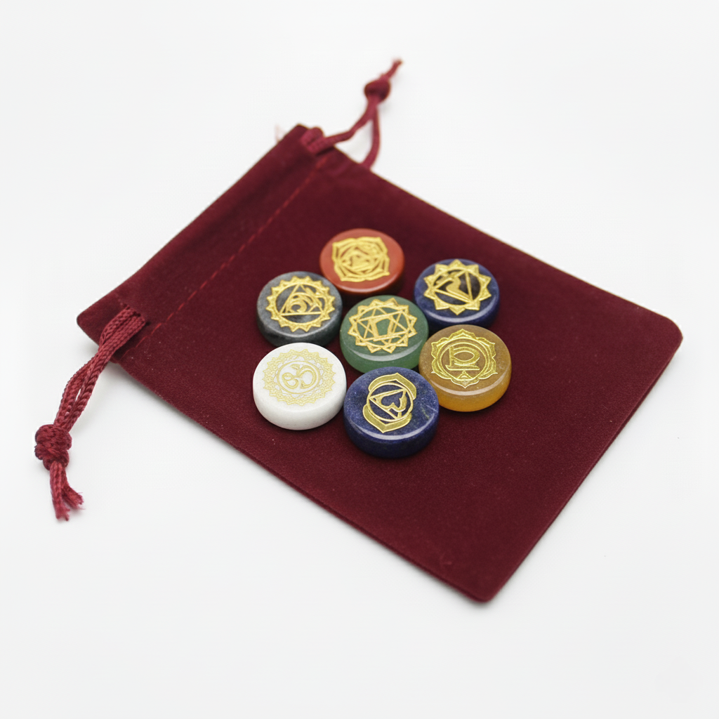 Siedem kamieni czakr ze złotymi symbolami ułożonych na częściowo otwartym bordowym aksamitnym woreczku na jasnym tle, prezentujących kompletny zestaw